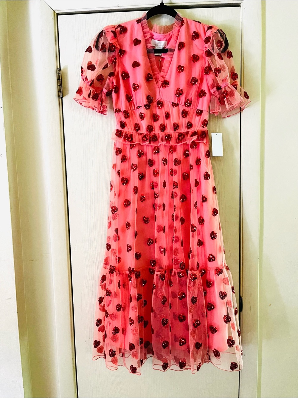 Rachel Parcell Sequin Hearts Fairycore Romantic Ethereal Tulle Pink Midi Dress